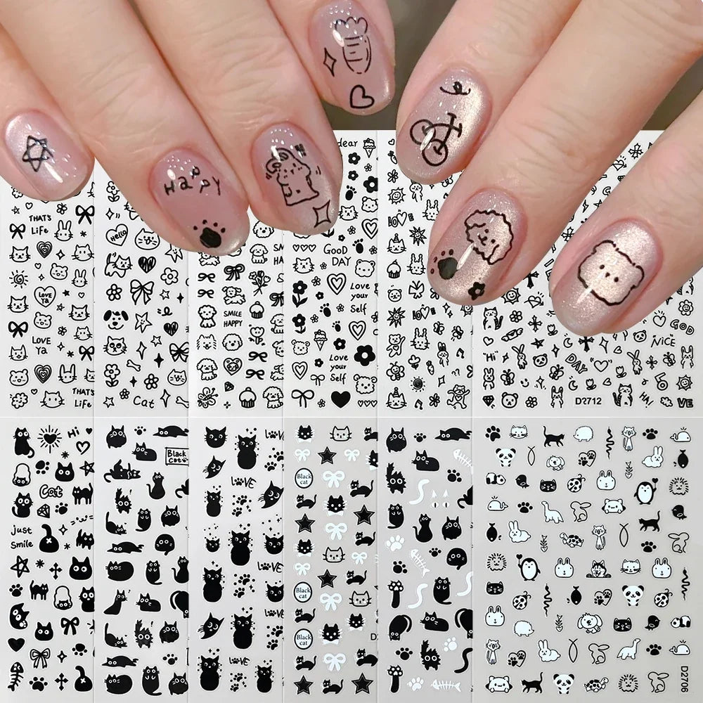 Black cat nail stickers set by Blushimmer featuring cute cartoon kittens and puppies for fun nail art and manicure decoration.