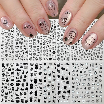 Black cat nail stickers set by Blushimmer featuring cute cartoon kittens and puppies for fun nail art and manicure decoration.