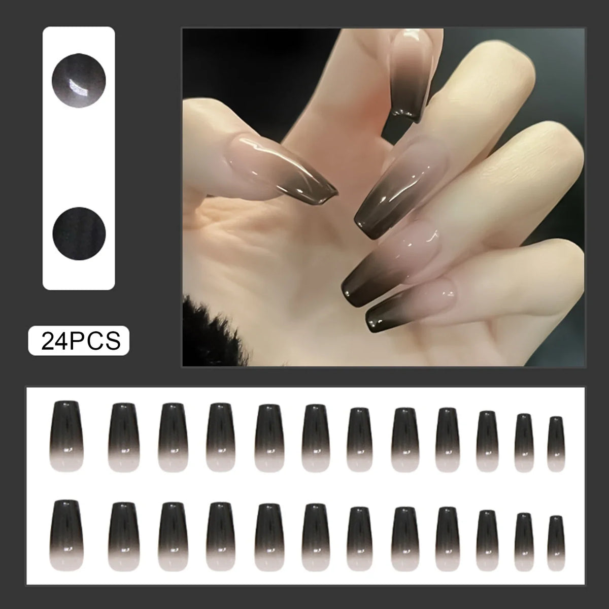 Set of 24 Y2K star press-on nails by Blushimmer featuring gradient black mid-length coffin tips with moon designs