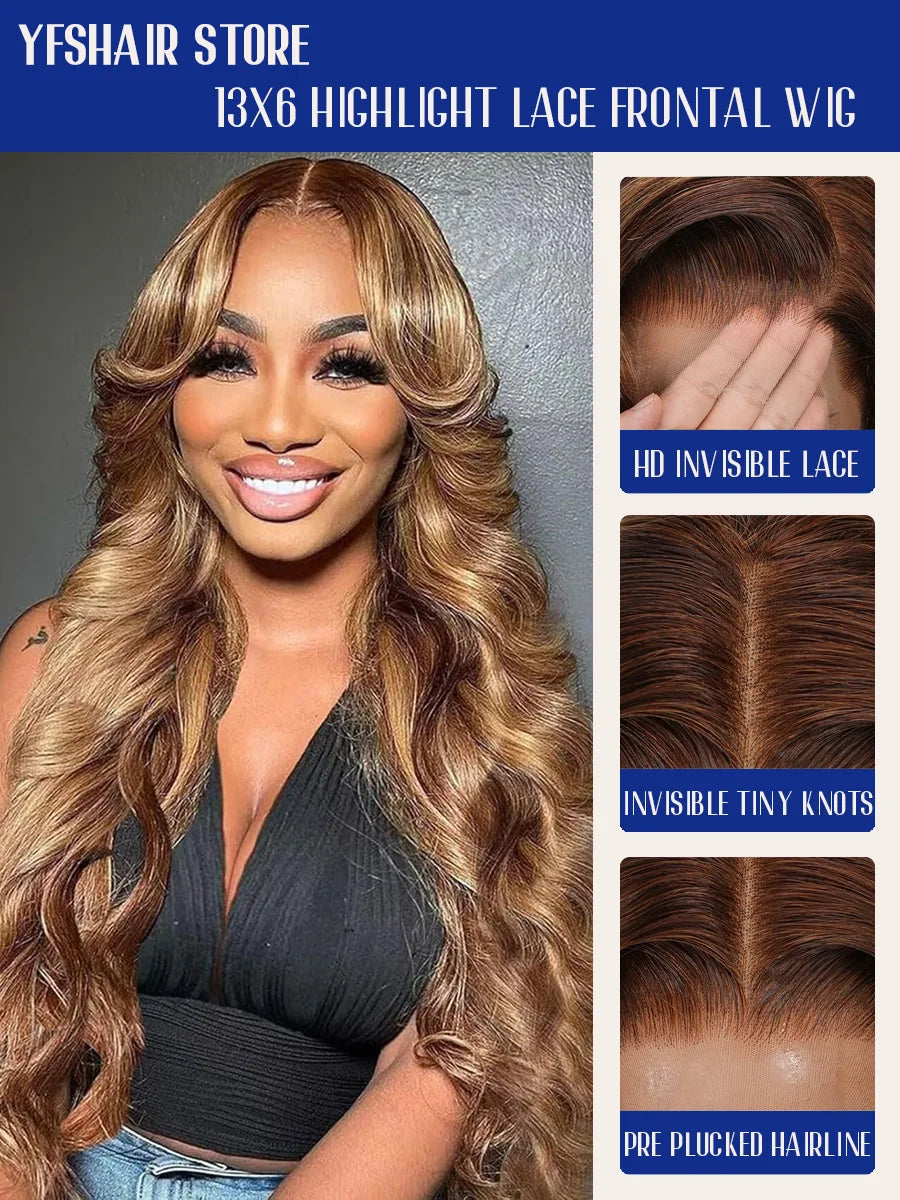 Selvanelle P4/27 Highlight Body Wave wig with 40-inch length, high-density human hair, transparent Swiss lace frontal.