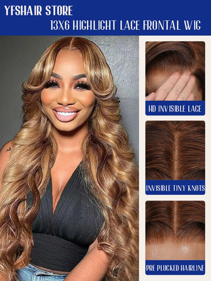Selvanelle P4/27 Highlight Body Wave wig with 40-inch length, high-density human hair, transparent Swiss lace frontal.