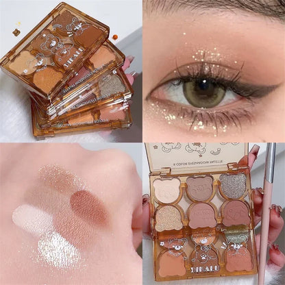 Blushimmer 6-color matte eyeshadow palette with shimmering gray, smoky red, black, and wine shades for eye makeup.