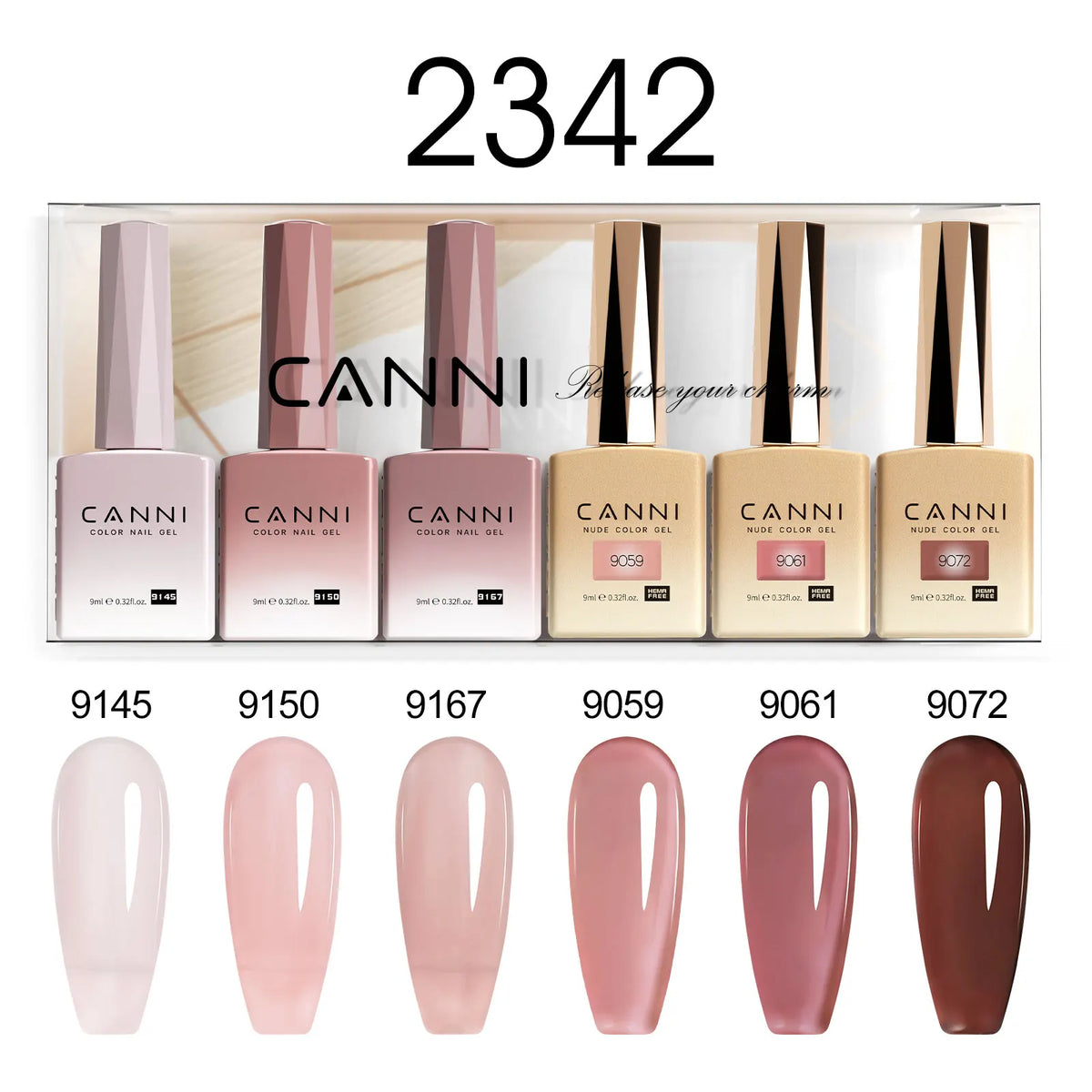 Blushimmer CANNI Nail Gel Polish Kit with 6 nude and pink gel colors, HEMA free, ideal for French nail designs and natural looks.