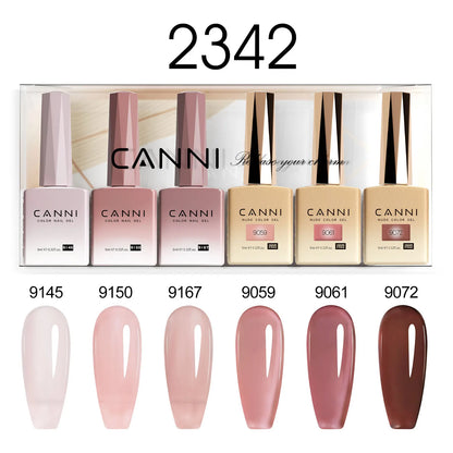 Blushimmer CANNI Nail Gel Polish Kit with 6 nude and pink gel colors, HEMA free, ideal for French nail designs and natural looks.