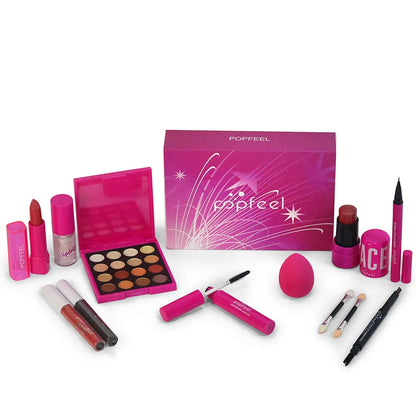 Pink makeup set gift box by Blushimmer featuring eyeshadow, blush, and lipstick for girls, ideal for birthdays and special occasions.