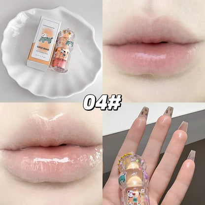 Blushimmer Gege Bear fruit-flavored lip balm keychain pendant with lipstick design, hydrating, moisturizing, and reducing lip lines.
