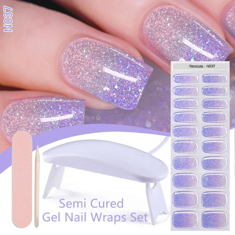 Blushimmer Harunouta 4-piece gradient nude pink gel nail strips with waterproof semi-cured gel, nail lamp, long-lasting nail wraps.