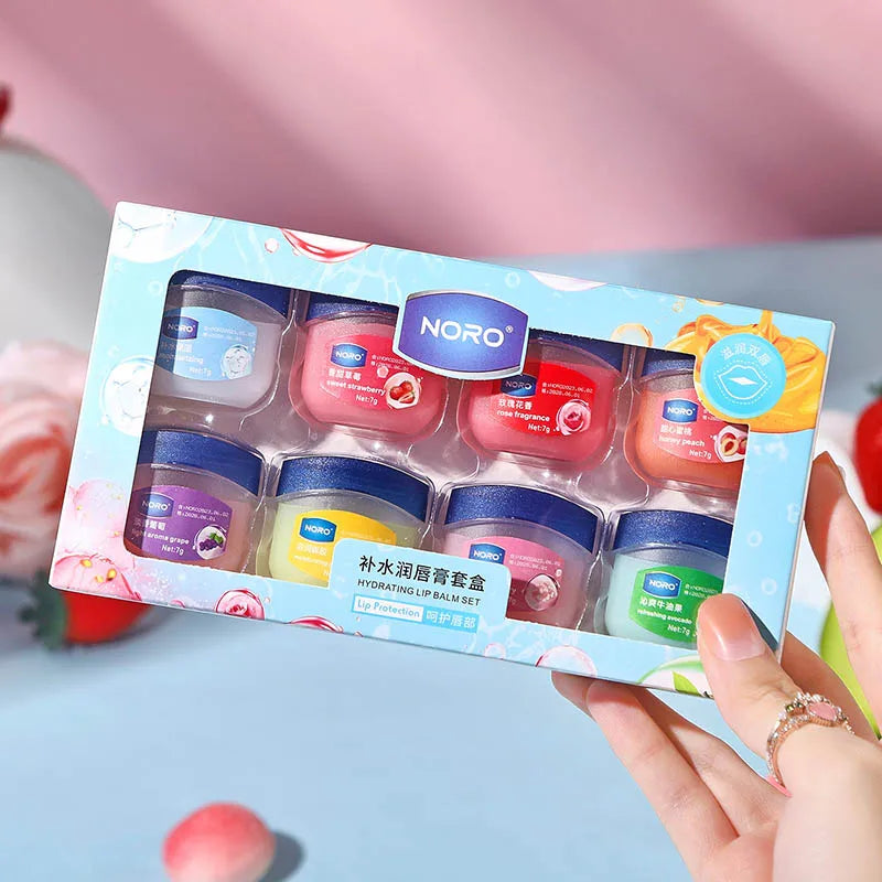Blushimmer fruit series lip balm set with 4, 6, or 8 moisturizing, hydrating, non-sticky lip masks for cracked lips care.