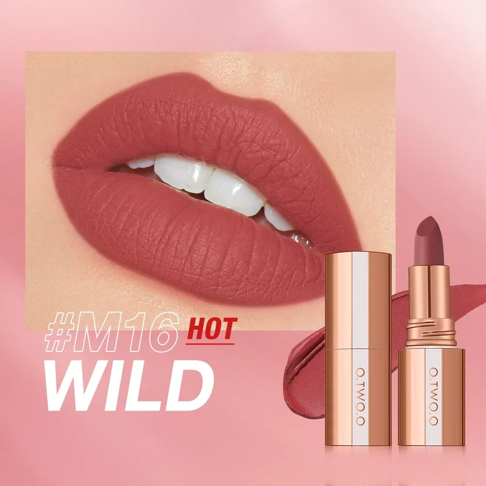 Blushimmer O.TWO.O matte lipstick lip tint in a vibrant shade, showcasing smooth, highly pigmented, long-lasting, waterproof lip color.