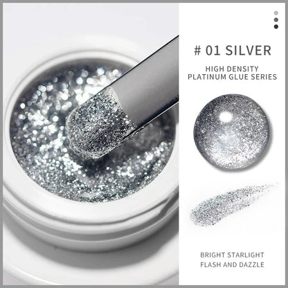 Silver and gold metallic nail gel by Blushimmer, with UV glitter finish, reflecting light on professionally painted, embossed nail art.