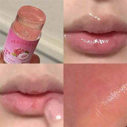 Blushimmer transparent coconut lip balm with moisturizing jelly texture, showing glossy finish and smooth lips.