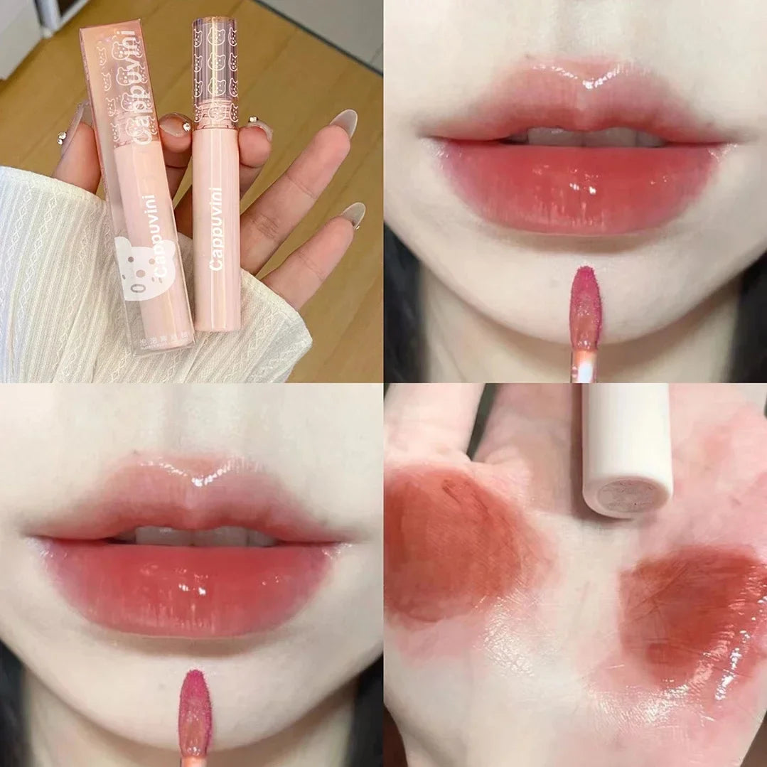 Blushimmer Cherry Pink Mirror Water Lip Gloss showing shiny, moisturizing lip gloss with pink tint and mirror-like finish.