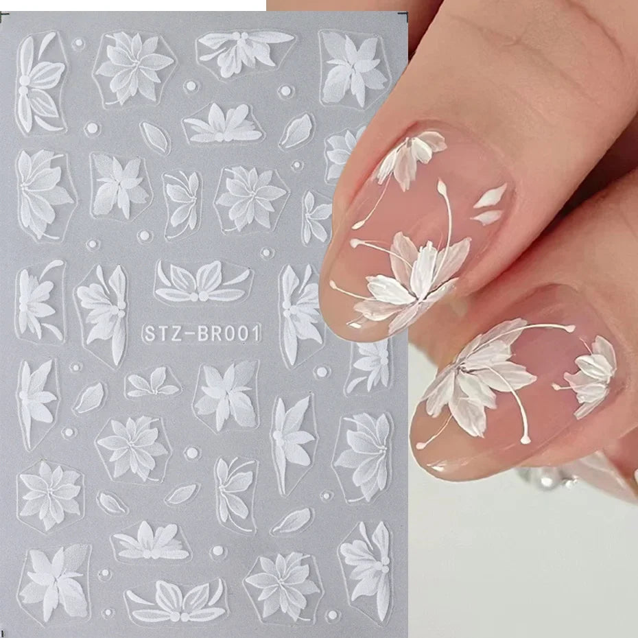 Blushimmer 3D white flower nail art stickers with cute floral designs, acrylic decorative decals for DIY nail embellishments