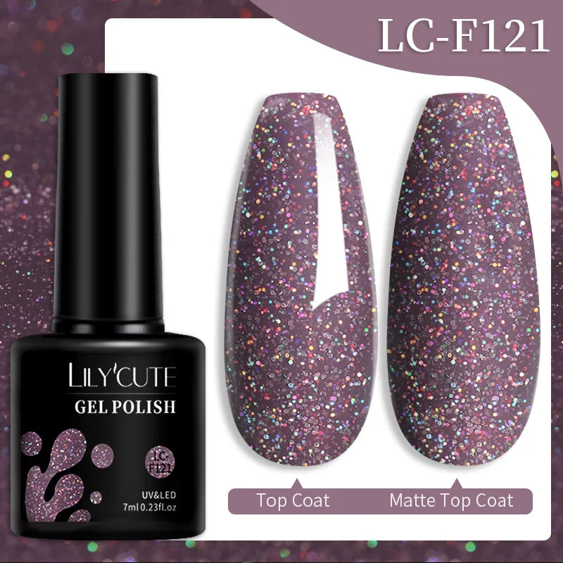 Colorful Lilycute 7ml gel nail polish bottles in various shades, showcasing long-lasting semi-permanent UV gel nail art varnish.