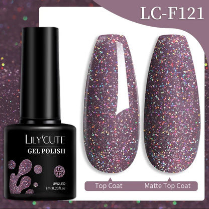 Colorful Lilycute 7ml gel nail polish bottles in various shades, showcasing long-lasting semi-permanent UV gel nail art varnish.