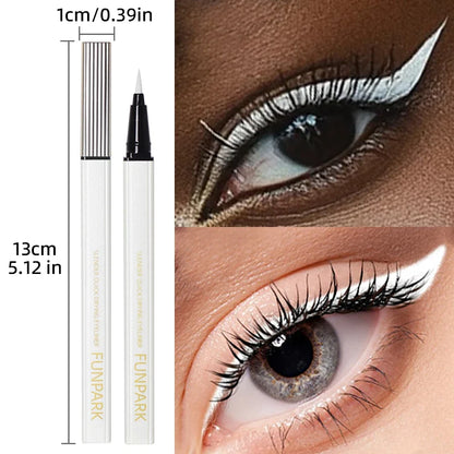 White liquid eyeliner pen by Blushimmer featuring matte finish, waterproof formula, and long-lasting design for precise eye definition.