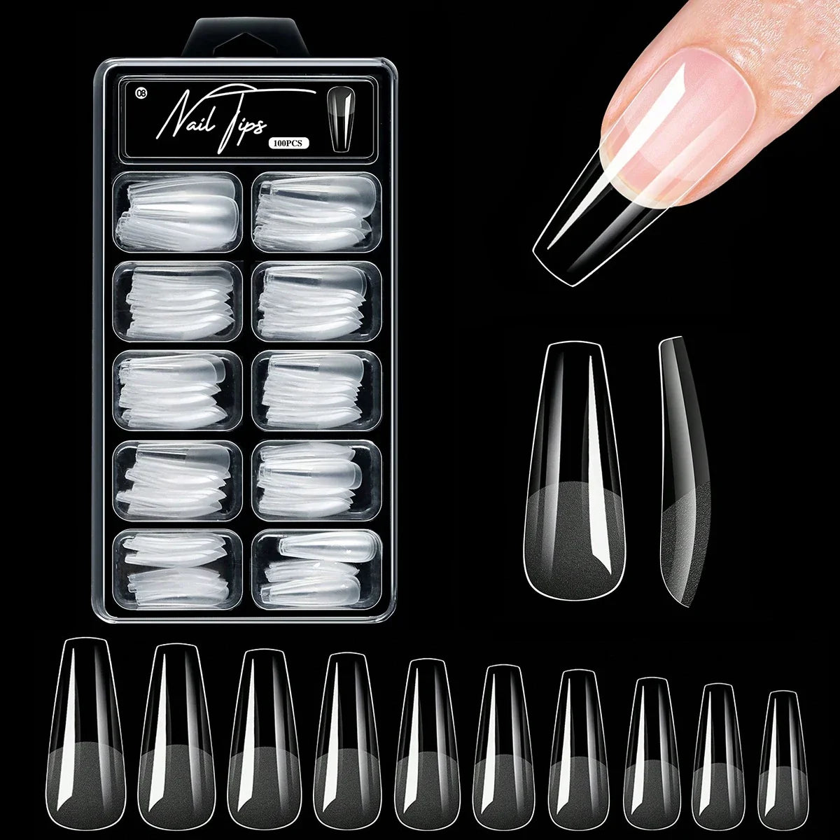 Set of 100/600 short almond-shaped soft gel nail tips for acrylic and press-on nails, full cover false nail tips by Blushimmer.