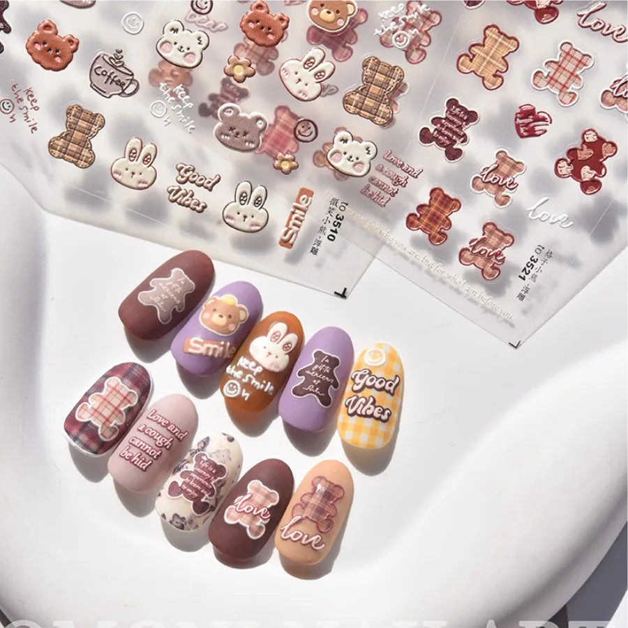 Brown kawaii bear nail art sticker from Blushimmer, self-adhesive Japanese 5D nail decoration decal for DIY nail designs.