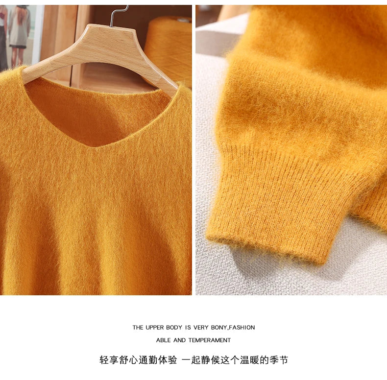 Autumn And Winter New High-End Female Mink Cashmere Sweater Solid Color Long-Sleeved Wool Knit Bottoming Sweater Loose Top