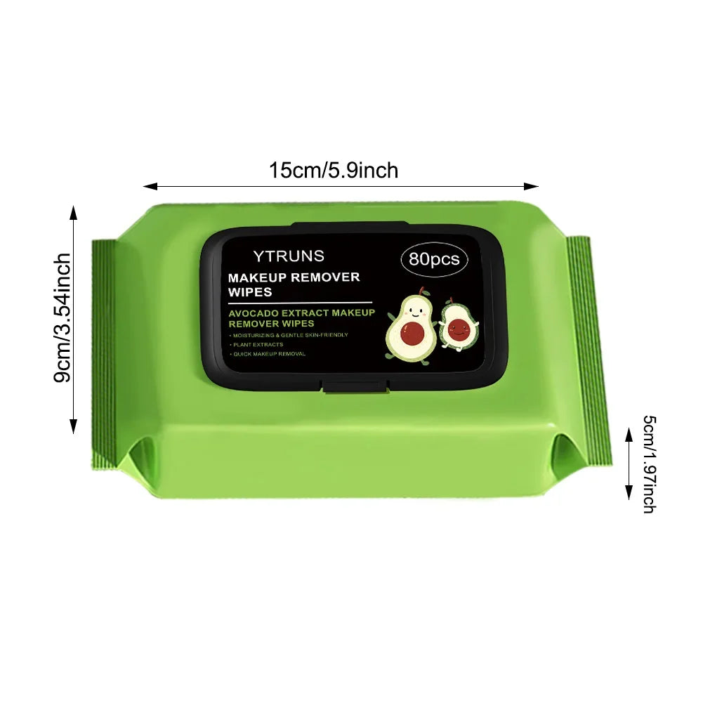80-piece Blushimmer avocado-scented makeup removing wipes, deep cleansing, travel-friendly, single-use pack.
