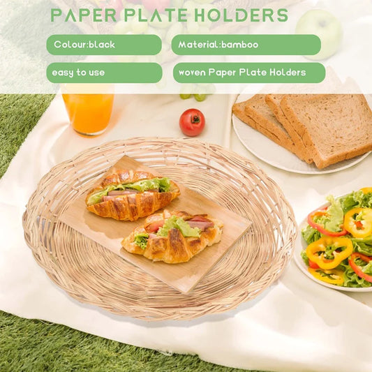 Bamboo Paper Plate Holder - 10 Inch Round Woven Plate Holder, Reusable Paper Plate Holders For Picnic Party