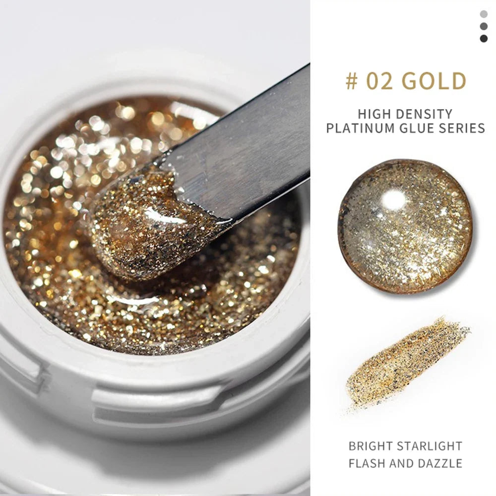 Silver and gold metallic nail gel from Blushimmer with UV glitter finish, reflective soak-off gel for professional nail art.