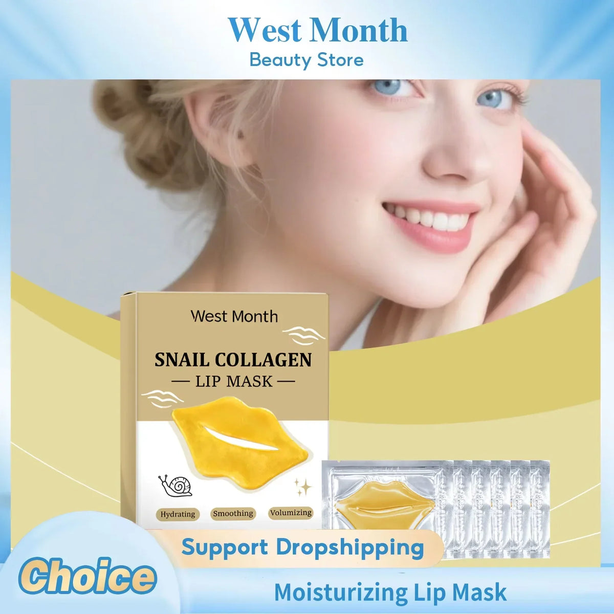 Blushimmer Crystal Collagen Lip Mask with pink hydrating patches for smoothing, plumping, and moisturizing lips.