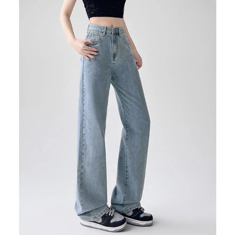 Lady Classic Daily High Waist Jeans Female Korean Solid Thin Pants Women Fashion Baggy Straight Leg Denim Trousers