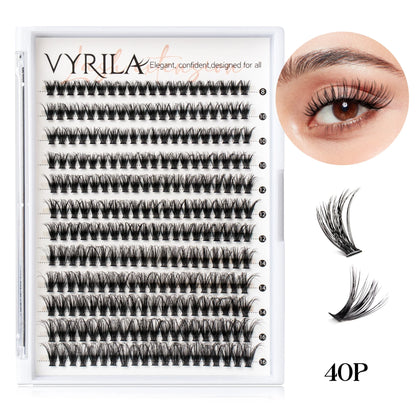 Close-up of Blushimmer 3D wispy eyelash extension clusters with C curl, natural-looking DIY lash clusters on a thin band.