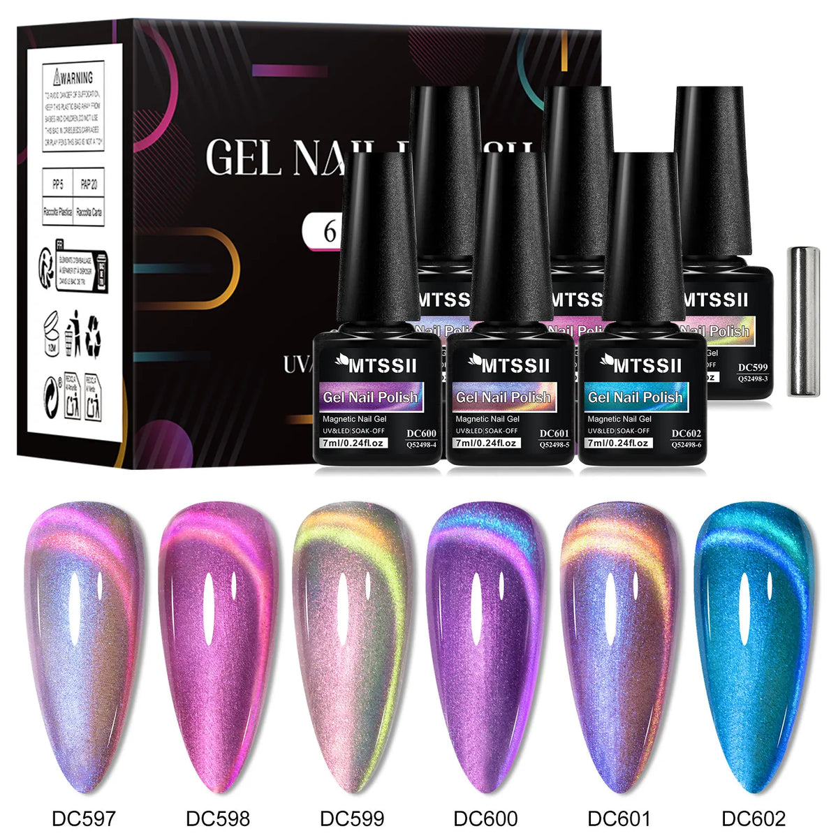 Blushimmer 7-piece shiny cat magnetic gel nail polish set with pink, colorful shades, magnetic rod, UV soak-off gel varnish for nails