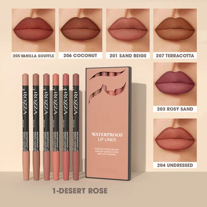 Blushimmer Rozza Waterproof Lip Liner Pencil Set featuring weightless, precise, matte soft lip liners with a blendable texture.