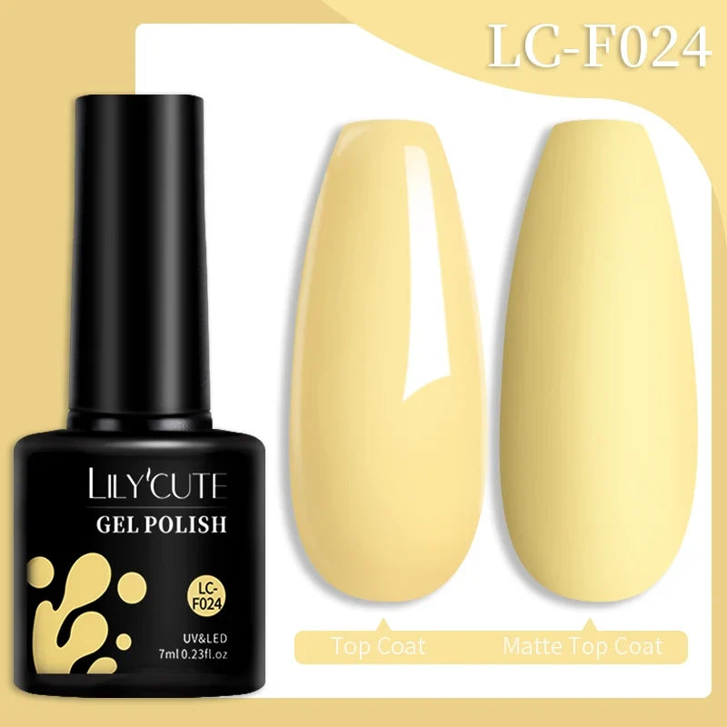 Colorful LILYCUTE 7ML gel nail polish bottles featuring semi-permanent UV gel varnish for long-lasting manicure and nail art.