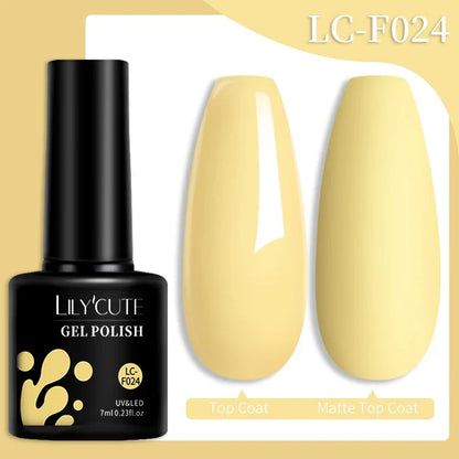 Colorful LILYCUTE 7ML gel nail polish bottles featuring semi-permanent UV gel varnish for long-lasting manicure and nail art.