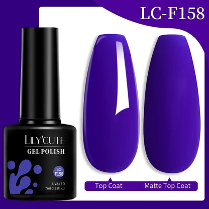 Colorful LilYCUTE 7ML gel nail polish bottle with vibrant shades, long-lasting semi-permanent UV gel varnish for manicure.