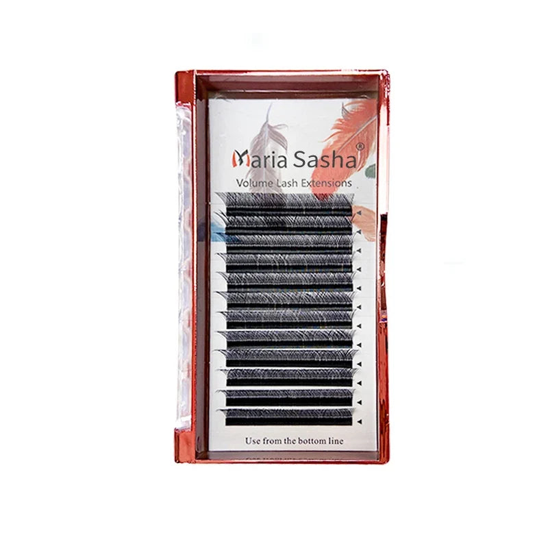 Close-up of Blushimmer MARIA 3D Narrow W Shape eyelash extensions on makeup mesh net, showcasing soft, natural, premium lash design.