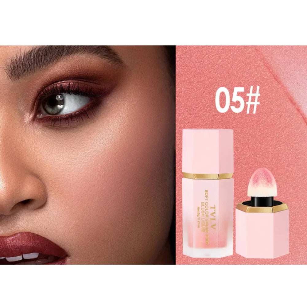 Blushimmer TVLV Velvet Liquid Blush with sponge head, natural matte finish, brightening facial contour and tint makeup application