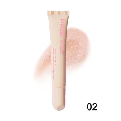Blushimmer soft tube lip gloss in nude brown with plumping and moisturizing properties, transparent finish, cosmetic makeup product