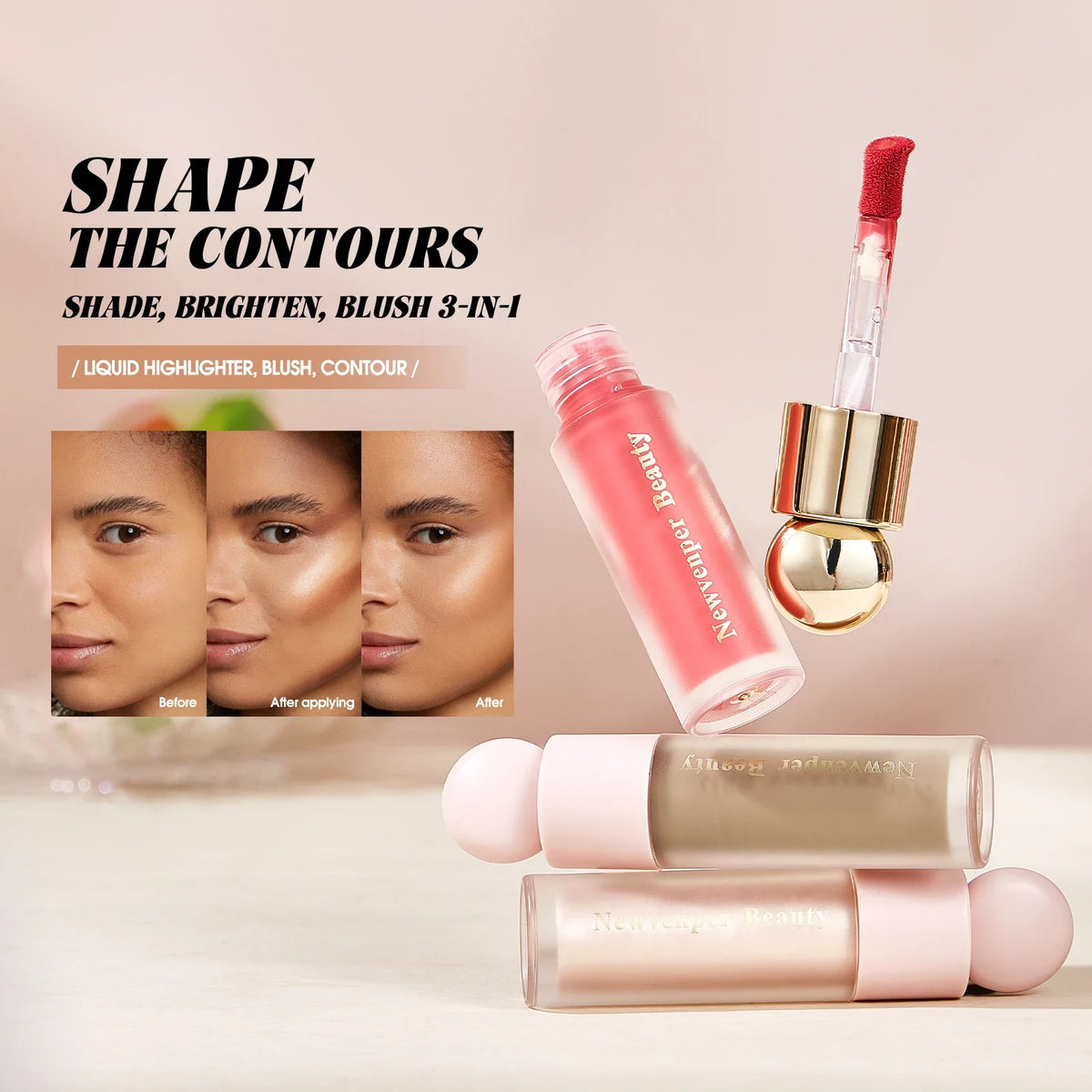 Blushimmer liquid highlighter, blush, and contour stick set for face and body with a silky natural glow and matte pink shadow makeup.
