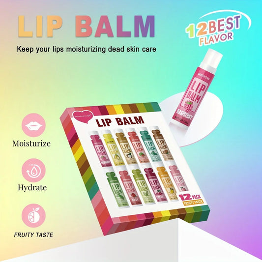Set of 12 Blushimmer lip balms in 5g tubes, featuring deep moisturizing, long-lasting hydration, and exfoliating properties for soft lips.