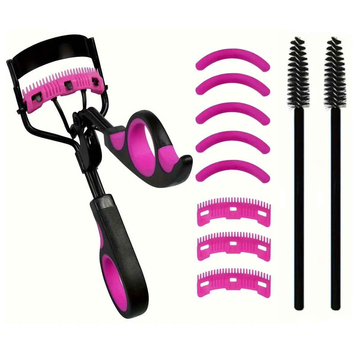 Blushimmer eyelash curler set with replacement pads, curling tweezers, mascara wands, and makeup clips for women.