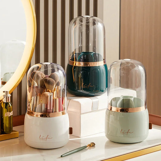 Blushimmer luxury light makeup brush holder, rotating dustproof cup organizer for lipstick and eyebrow pencils, elegant storage.