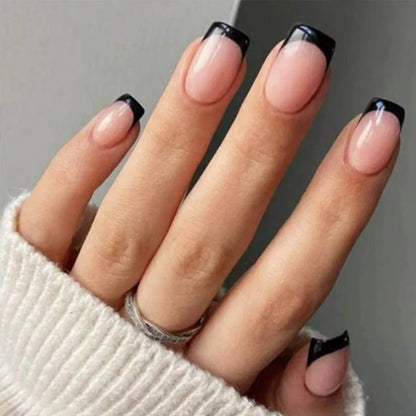 Set of 24 pink and white gradient fake square nails with French press design by Blushimmer, featuring short full cover false nail tips.