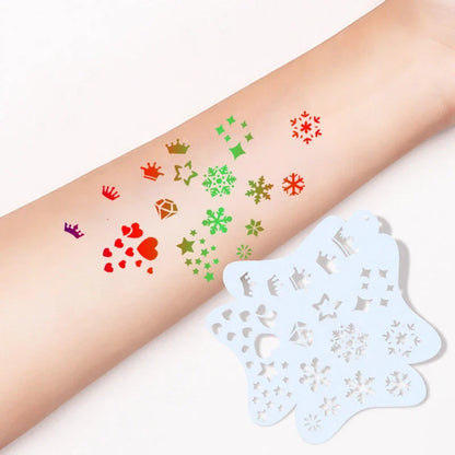 Reusable Blushimmer body painting stencils with face art stamps and temporary tattoo templates on transparent plastic sheets.