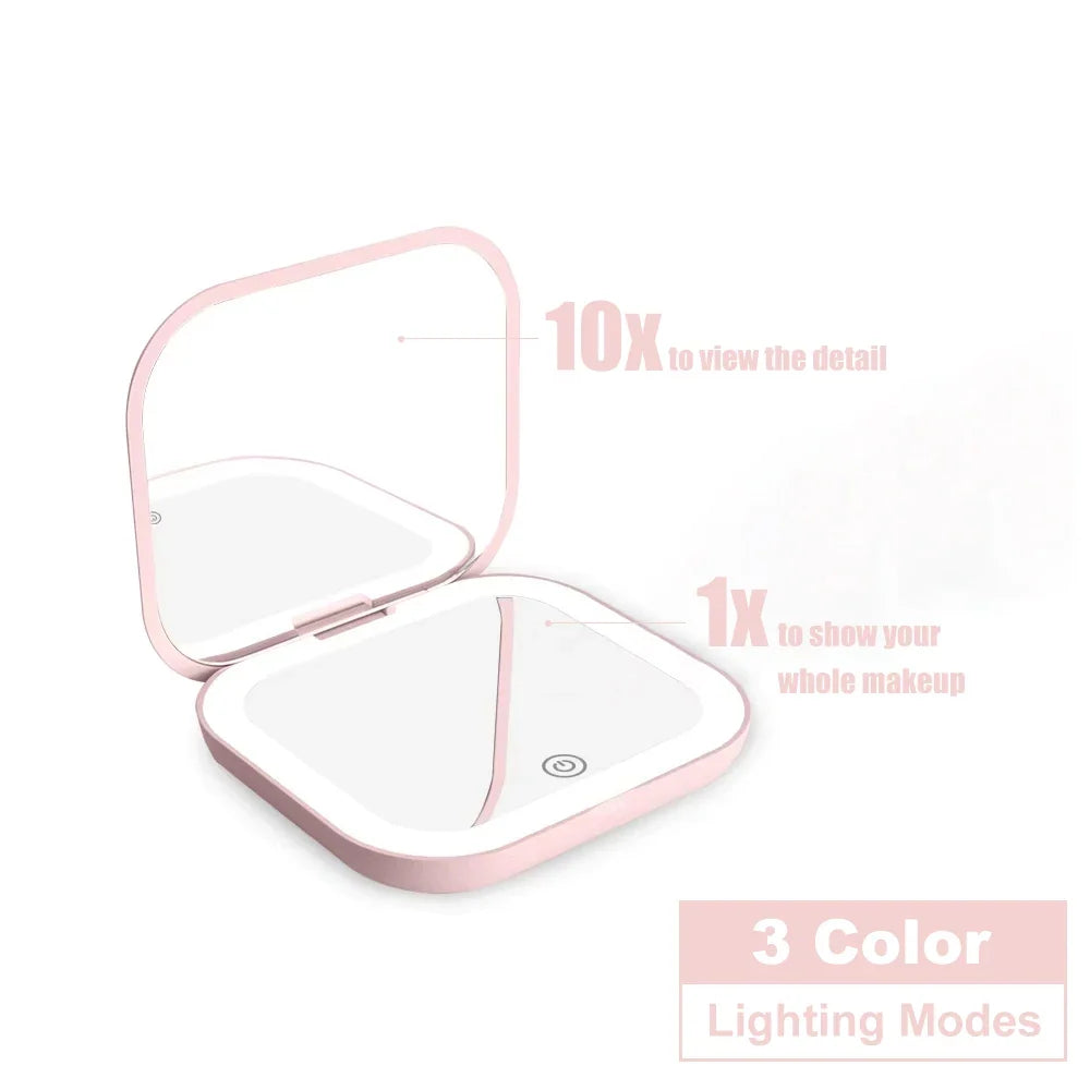Blushimmer compact LED mirror with 1X/2X magnification, folding portable makeup and travel mirror, perfect for purse use