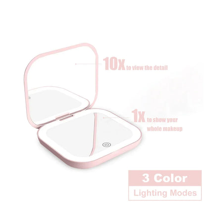 Blushimmer compact LED mirror with 1X/2X magnification, folding portable makeup and travel mirror, perfect for purse use