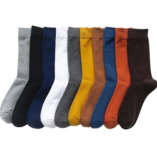 Five pairs of men's high-quality cotton spring and autumn dress socks in size 38-45, featuring long, comfortable design for business casual wear.