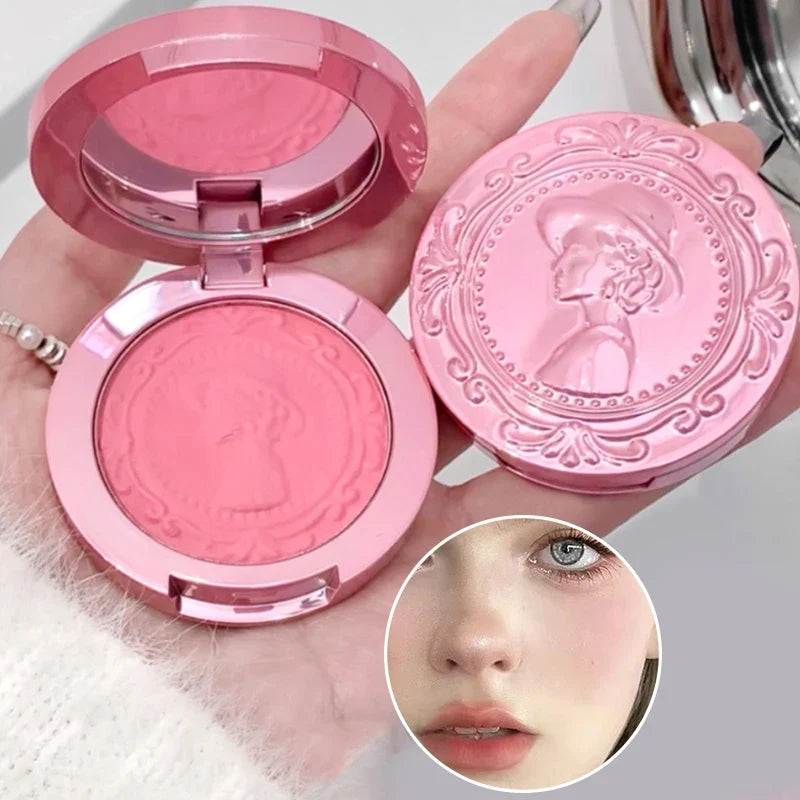 Blushimmer 3D relief blush cream in natural blush color, featuring delicate, low-saturation female makeup with a tender finish.