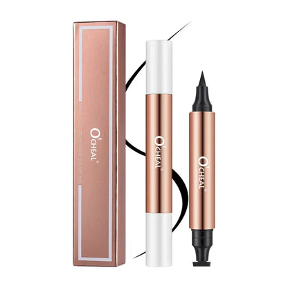 Black liquid eyeliner pen with dual heads from Blushimmer, waterproof, fast-drying, ideal for precise eye makeup application.