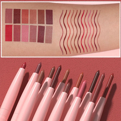 Blushimmer velvet matte lip liner pencil in soft nude red brown tint with waterproof, plumping, and contour lip makeup features.