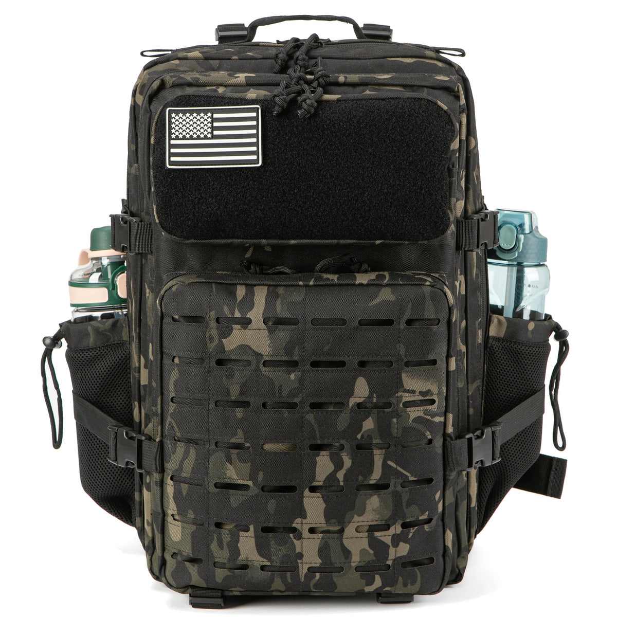 Men's 45L Tactical Backpack by Adventure Club Store with double cup holders, ideal for hunting, camping, and outdoor hiking adventures.